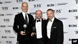 Hank Unger, from left, Matthew Rego and Michael Rego winners of the best musical award for "The Outsiders" pose in the press room during the 77th Tony Awards on June 16, 2024, in New York. 