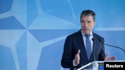 Sekjen NATO Anders Fogh Rasmussen di Brussels (16/4).