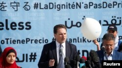 Pierre Krahenbuhl, Komisaris Jenderal UNRWA, dalam konferensi pers di sebuah sekolah yang dibantu oleh PBB di Gaza, 22 Januari 2018. 