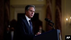 토니 블링컨 미국 국무장관이 4일 워싱턴 국무부 청사에서 발언하고 있다.