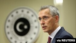 FILE - NATO Secretary General Jens Stoltenberg speaks during a news conference in Ankara, Turkey, October 5, 2020. (Turkish Foreign Ministry/Handout via REUTERS) 