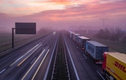 Trucks are jammed in the early morning on Autobahn 12 in front of the German-Polish border crossing near Frankfurt (Oder), Germany, Wednesday, March 18, 2020.
