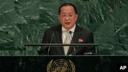 North Korea Minister for Foreign Affairs Ri Yong Ho speaks during the 72nd session of the United Nations General Assembly, at United Nations headquarters, Sept. 23, 2017.