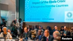 From left, IMF Managing Director Christine Lagarde, World Bank Group President Jim Yong Kim, Guinea's President Alpha Conde and United Nations Secretary-General Ban Ki-moon address the Ebola crisis during the IMF-World Bank annual meetings in Washington. (REUTERS/Jonathan Ernst)