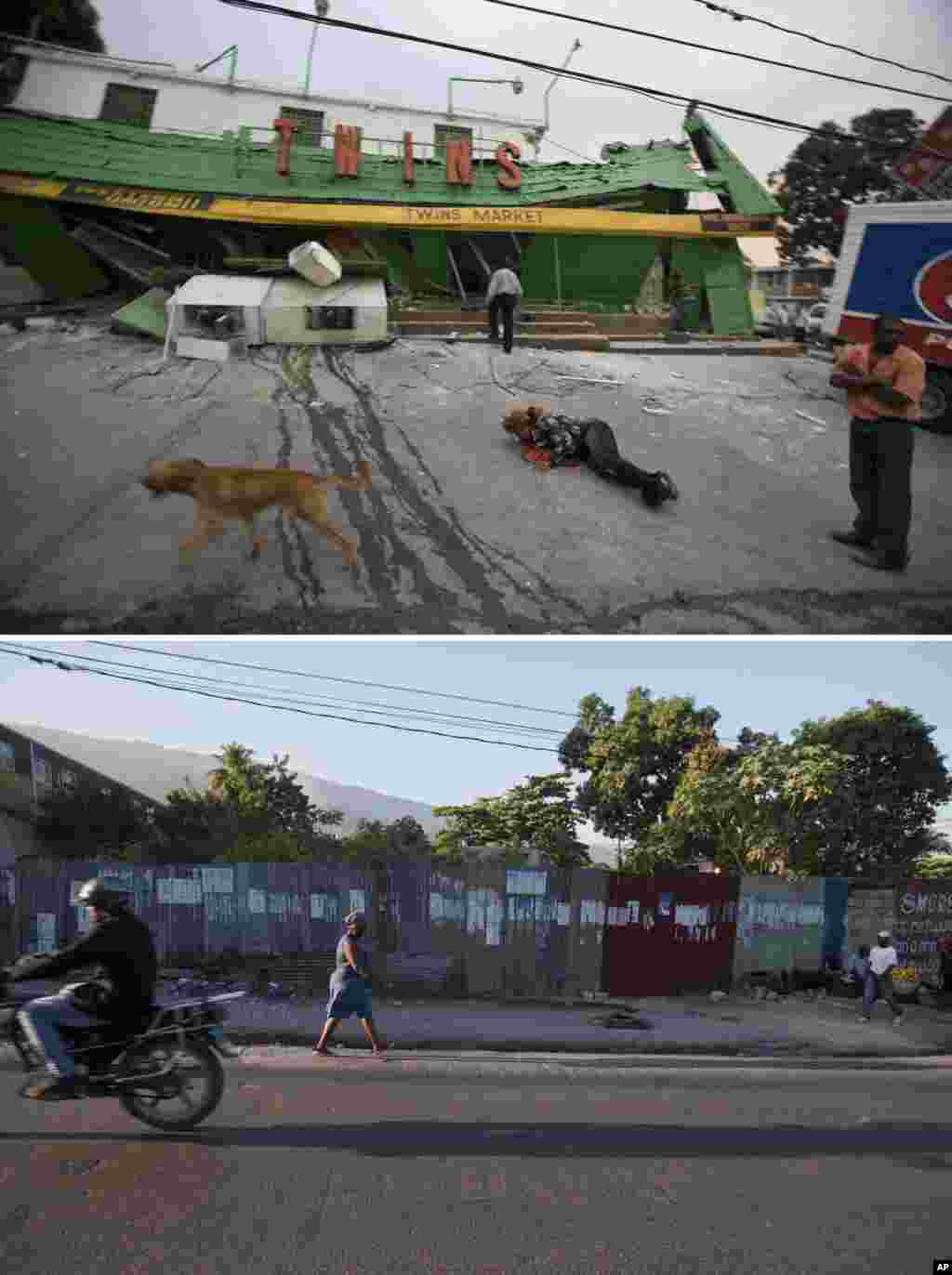 Bagian atas: Pasar Kembar di Port- au -Prince, Haiti​&nbsp;ambruk diguncang gempa 12 Januari 2010 . Gambar bawah: Tinggal pagar logam yang masih berdiri di lokasi ini, 10 Januari 2015.