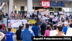 A crowd of dozens of Thai Americans gathers to raise awareness about the increase in hate crimes against Asians in the US during a rally to speak up and show solidarity for the AAPI community at the Thai Town, Los Angeles, CA. April 8, 2021.