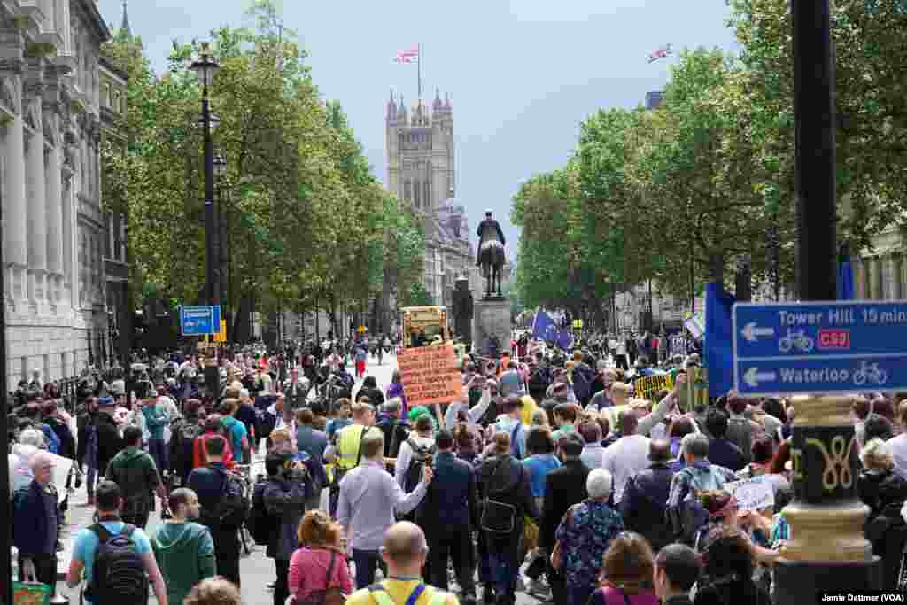 After marching from Hyde Park through Trafalgar Square, pro-European Union protesters head toward Westminster, July 2, 2016.