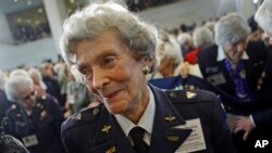WASP pilot Bernice Falk Haydu smiles following a Congressional Gold Medal presentation ceremony on Capitol Hill, Wednesday, March 10, 2010, in Washington. (AP Photo/Haraz N. Ghanbari)