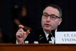 National Security Council aide Lt. Col. Alexander Vindman testifies before the House Intelligence Committee on Capitol Hill in Washington, Nov. 19, 2019.