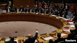 Les représentants de la Russie et de la Bolivie lèvent leurs mains lors d'un vote du Conseil de sécurité de l'ONU, New York, 16 novembre 2017.