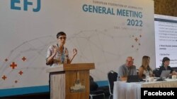 Maja Sever, novoizabrana predsednica Evropske federacije novinara, obraća se prisutnima na izbornoj skupštini EFJ u Izmiru, 14. juna 2022. (Foto: Hrvatsko novinarsko društvo na Fejsbuku)