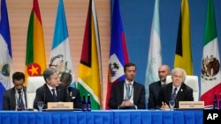 Organization of American States Secretary General Luis Almagro (right) speaks next to Secretary of State Antony Blinken during a ministerial meeting during the Summit of the Americas, June 8, 2022, in Los Angeles.