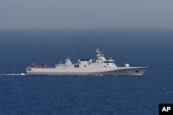 FILE - A UNIFIL Navy ship patrols the Mediterranean Sea, while Lebanon and Israel resume indirect talks over their disputed maritime border, Naqoura, Lebanon, May 4, 2021.