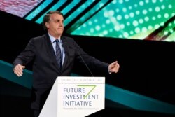 Brazilian President Jair Bolsonaro speaks during the Future Investment Initiative forum in Riyadh, Saudi Arabia, Oct. 30, 2019.