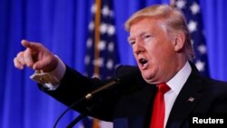 FILE - U.S. President-elect Donald Trump speaks during a press conference in Trump Tower, Manhattan, New York, Jan. 11, 2017.