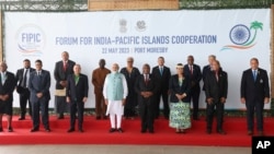 Perdana Menteri India Narendra Modi dan para pemimpin Kepulaun Pasifik hadir dalam forum ketiga Kerja Sama India-Kepulauan Pasifik di Port Moresby, Senin (22/5). 