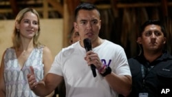 Presidential candidate Daniel Noboa, of the National Democratic Action Alliance political party, speaks in Olon, Ecuador, Oct. 15, 2023. Noboa won Ecuador's presidential election, vowing to rebuild the South American country.