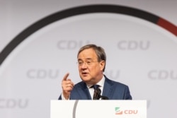 FILE - Armin Laschet, a candidate for chancellor of the conservative Christian Democratic Union party, speaks in Duesseldorf, Germany, June 5, 2021.