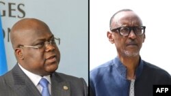 Président Félix Tshisekedi ya RDC, na photo ya loboko ya mwasi, na président PAul Kagame ya Rwanda (D).
