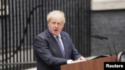 British Prime Minister Boris Johnson makes a statement at Downing Street in London, July 7, 2022. 