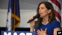 US Rep. Nancy Mace of South Carolina speaks to supporters at her election night event after defeating former state Rep. Katie Arrington in the 1st District primary on June 14, 2022, in Mount Pleasant, S.C.