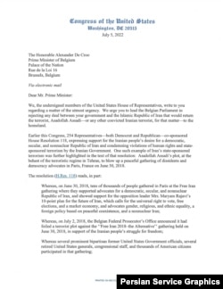 تصویری از نامه سرگشاده قانونگذاران آمریکایی خطاب به نخست‌وزیر بلژیک