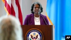 FILE - Linda Thomas-Greenfield, US ambassador to the United Nations, introduces US Secretary of State Antony Blinken before a town hall at the US Mission to the United Nations with members of staff, May 19, 2022, in New York.