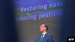 European Union Commissioner for Environment and Oceans Virginijus Sinkevicius speaks during a press conference on the use of pesticides at the EU headquarters in Brussels on June 22, 2022.