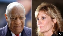 FILE - Bill Cosby arrives for a sexual assault trial in Norristown, Pa., in 2018, left, and Judy Huth appears at a press conference in Los Angeles in 2014. On Tuesday, jurors at a civil trial found that Cosby sexually abused Huth at the Playboy Mansion in 1975, when she was 16.