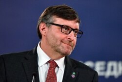 FILE - Matthew Palmer, U.S. special representative for the Western Balkans, attends a press conference in Belgrade, Nov. 4, 2019.