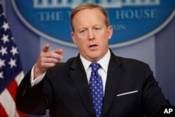 FILE - White House press secretary Sean Spicer speaks during the daily press briefing, May 9, 2017, at the White House in Washington.