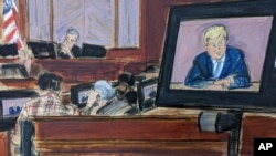 Sudski crtež video svjedočenja bivšeg predsjednika Donalda Trampa na suđenju u Njujorku po optužbi za silovanje (Foto: AP/Elizabeth Williams)