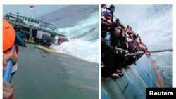 Kombinasi foto para korban selamat kecelakaan kapal feri KMP Lestari Maju di perairan Kepulauan Selayar, Sulawesi Selatan, 3 Juli 2018. (Antara/Relawan BNPB via Reuters)