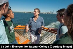 Professor Felicia Ruff on a ride into New York City on the Staten Island Ferry with a few Wagner College Theatre students. (Photo by John Emerson)