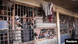 FILE - Inmates are seen behind bars in Aleppo's main prison, May 22, 2014.