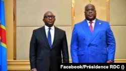 Jean-Michel Sama Lukonde, Ministre wa Yambo ya sika na RDC (G) na président Félix Tshisekedi na Palais de la nation, Kinshasa, 18 mars 2021. (Facebook/Présidence RDC)