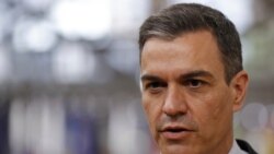 Spain's Prime Minister Pedro Sanchez speaks with the media as he arrives for an EU summit at the European Council building in Brussels, May 24, 2021.
