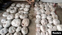 A man (top) in handcuffs crouches next to slaughtered pangolins after they were seized by the authorities, at an underground garage in Guangzhou, Guangdong province, China, Sept. 11, 2014. 