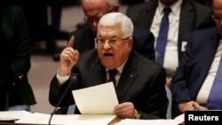 마무드 압바스 팔레스타인 자치정부 수반이 11일 뉴욕 유엔본부에서 열린 안보리 회의에서 발언하고 있다.