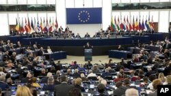 Le Parlement européen, lors d'un discours du président français Emmanuel Macron à Strasbourg, le 17 avril 2018. 