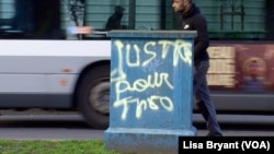 Graffiti in Bobigny calling for justice for Theo, a 22-year-old black man allegedly assaulted by police officers during an identity check.
