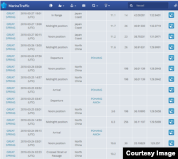 ‘그레이트 스프링’ 호의 운항 기록. 3월24일부터 26일 사이 포항에 정박한 것으로 나타나 있다. 자료=마린트래픽(MarineTraffic)