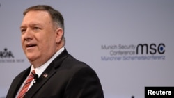 U.S. Secretary of State Mike Pompeo addresses the audience during the 56th Munich Security Conference in Munich, Feb. 15, 2020.