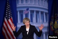 FILE - Britain's Prime Minister Teresa May addressed the 2017 "Congress of Tomorrow" Joint Republican Issues Conference in Philadelphia, Jan. 26, 2017.
