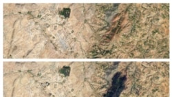 This combination of Nov. 22, top, and 28, 2020 satellite images provided by Planet Labs shows crops, bottom right, which were burned near the Hitsats refugee camp, left, in northern Tigray.