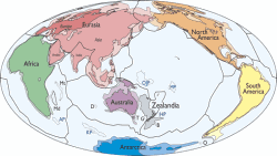 Simplified map of Earth’s tectonic plates and continents, including Zealandia. Continental shelf areas shown in pale colors.