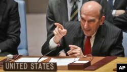 U.S. Special Representative for Venezuela Elliott Abrams points towards Russia's United Nations Ambassador during a tense exchange at a meeting on Venezuela in the U.N. Security Council at U.N. headquarters, Feb. 26, 2019. 