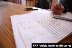 Dense pages filled with Nepali writing include questions from community members to the Tribeni community library in Bhimdhunga, Nepal, Feb. 9, 2018.