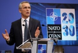 NATO Secretary General Jens Stoltenberg speaks during a media conference ahead of a NATO defense minister's meeting at NATO headquarters in Brussels, Feb. 15, 2021.