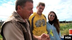 Tom Hack, left, examines a ginseng leaf at Aaron and Christel Kaiser's family garden in central Wisconsin. Hack led international marketing for the Ginseng Board, and Aaron Kaiser is a director. (C. Guensburg/VOA)